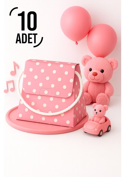 Bymeyla 10 Adet Konsept Özel Tasarım Pembe Puantiyeli Desenli Hediye Kutusu Çanta Boş Karton Hediye Paketi Hediyelik