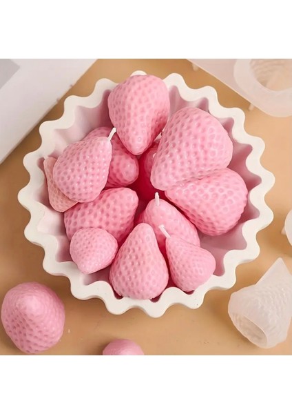 4'lü Çilek Seti, Tek Kalıpta 4 Meyve Silikon Kalıp K-1458, Kokulu Taş Sabun Alçı Mum Kalıbı