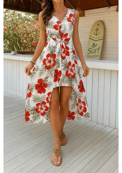 Kadın Kolsuz V Yakalı Desenli Süprem Tulum Elbise