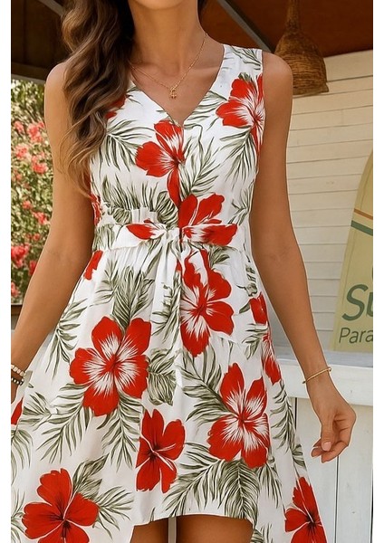 Kadın Kolsuz V Yakalı Desenli Süprem Tulum Elbise fiyatları