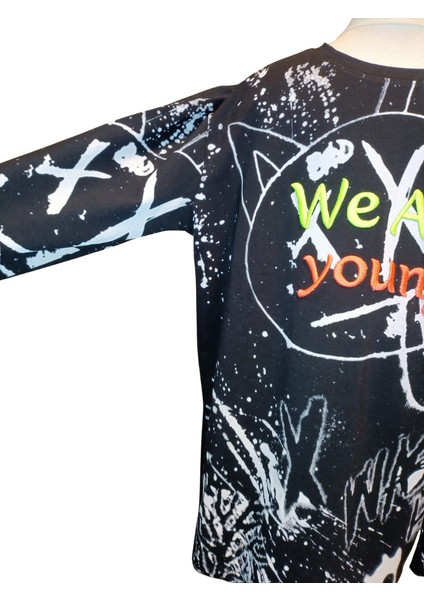 Fancy Kids Antalya Erkek Çocuk Siyah Sweatshirt Neon Kabartma Baskılı Pamuk Kumaş