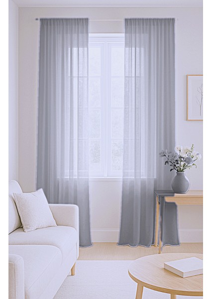 Düz Pilesiz Keten Koyu Gri Tül Perde