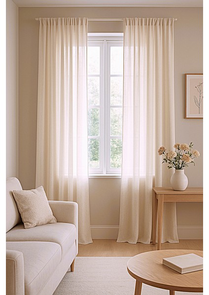 Düz Pilesiz Keten Krem Tül Perde