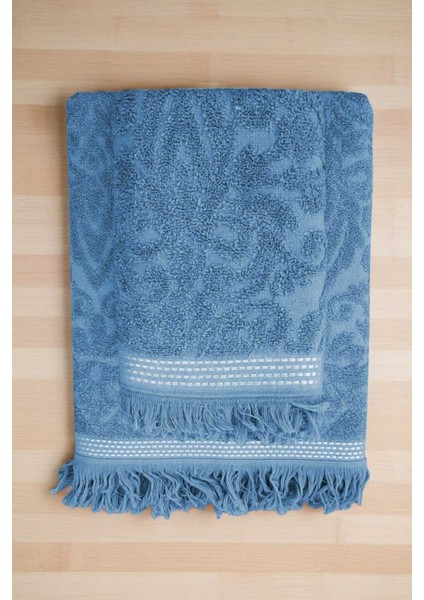 2 Parça Jakarlı Banyo Havlu Takımı &#37;100 Pamuklu 90X150 cm Arden Mavi