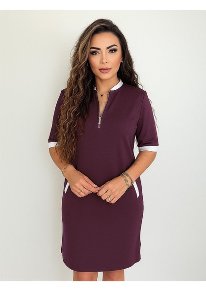 Kadın Kısa Kollu Yakadan Fermuarlı Cepli Yandan Yırtmaçlı Viskon Elbise fiyatları
