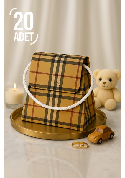 Bymeyla 20 Adet Konsept Özel Tasarım Ekose Desenli Hediye Kutusu Çanta Boş Karton Hediye Paketi Hediyelik