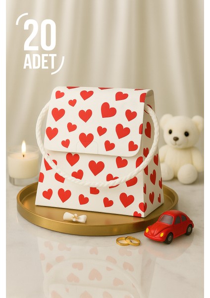 Bymeyla 20 Adet Konsept Özel Tasarım Kırmızı Kalp Desenli Hediye Kutusu Çanta Boş Karton Hediye Paketi Hediyelik