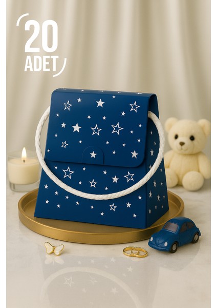 Bymeyla 20 Adet Konsept Özel Tasarım Mavi Yıldız Desenli Hediye Kutusu Çanta Boş Karton Hediye Paketi Hediyelik