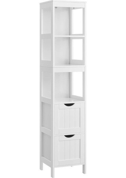 Banyo Için Yüksek Dolap, Ayaklarda Saklama Mobilyası, Dar Sütun, 2 Çekmeceli ve 3 Açık Bölmeli, 30 x 30 x 141,5 Cm, Banyo, Oturma Odası, Mutfak Için, Beyaz BBC66WT