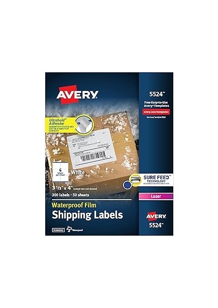 Avery Emi Beslemeli Suya Dayaıklı Yazdırılabilir Akliye Etiketleri, 3-1/3" x 4", Beyaz, 300 Boş Pos