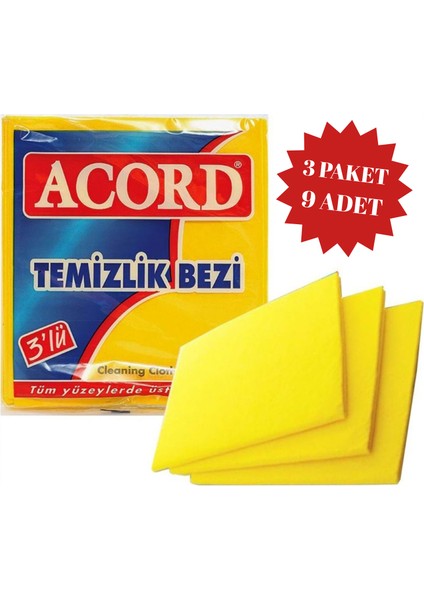 3'lü 3 Paket Sarı Temizlik Bezi 9 Adet
