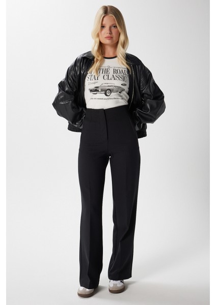 Kadın Glen Tok Dokulu Filetolu Kancalı Siyah Palazzo Pantolon 2001