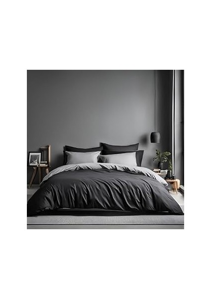 Lastikli Çarşaflı Nevresim Takımı Çift Kişilik (2 Adet Yastık Kılıflı) (Siyah-Gri)