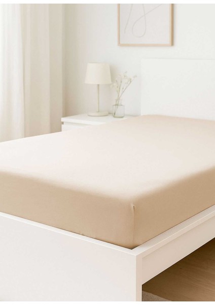 Çift Kişilik Düz Penye &#37;100 Pamuklu Lastikli Çarşaf 180X200 Newsheet Bej
