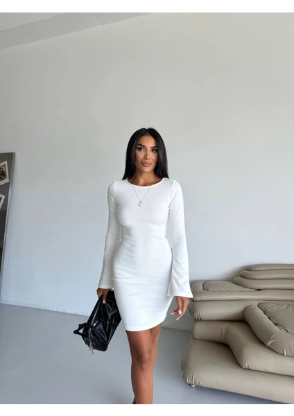 Prenses Kol Esnek Kumaş Elbise Beyaz F2334 fiyatları