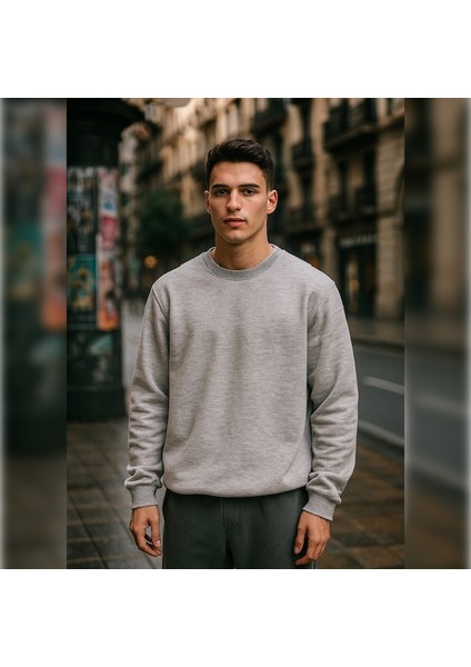 Erkek Gri Sıfır Yaka Sweatshirt