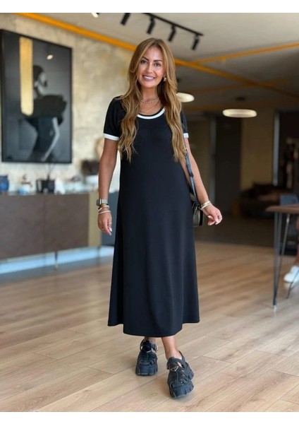 Kadın Kısa Kollu Yuvarlak Yaka Yandan Yırtmaçlı Midi Viskon Elbise fırsatları