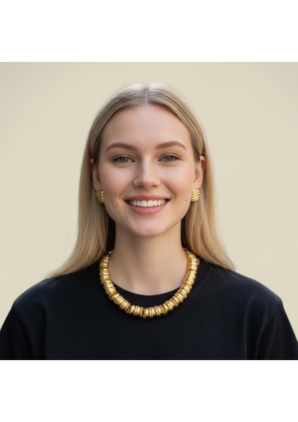 Lüks Kalın Halkalı Choker Kolye & Kabarık Küpe Seti Gold Kaplama Vintage Stil Abiye Takı Seti