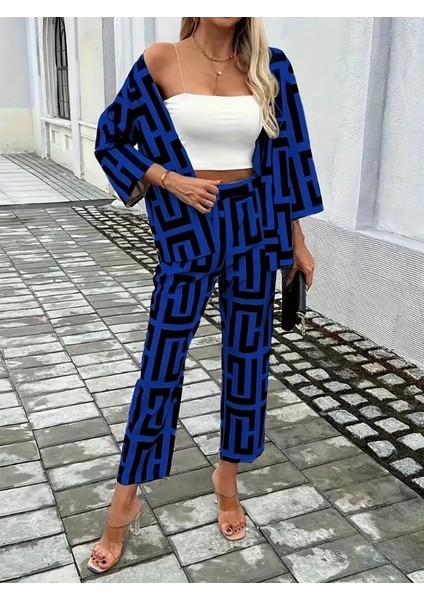 Aknbutik Kadın Uzun Kollu Önü Açık Desenli Iki Iplik Ceket ve Pantolon Ikili Takım
