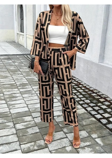 Kadın Uzun Kollu Önü Açık Desenli Iki Iplik Ceket ve Pantolon Ikili Takım fiyatları