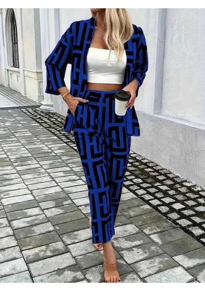 Kadın Uzun Kollu Önü Açık Desenli Iki Iplik Ceket ve Pantolon Ikili Takım fiyatları