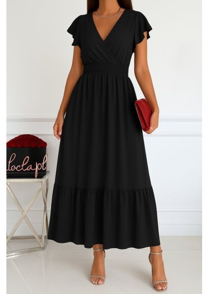 Kadın Kısa Kelebek Kollu Kruvaze Yakalı Beli Lastikli Aerobin Elbise