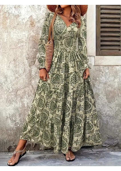 Kadın Uzun Kollu V Yakalı Desenli Süprem Elbise fırsatları