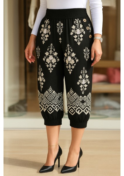 Kadın Beli Lastikli Etnik Desenli Kapri Süprem Pantolon