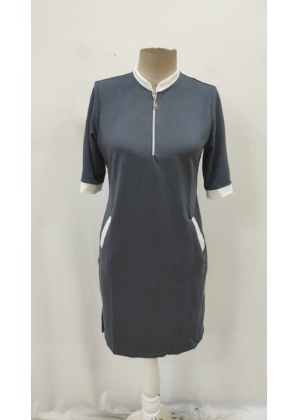 Kadın Kısa Kollu Yakadan Fermuarlı Cepli Yandan Yırtmaçlı Viskon Elbise fırsatları