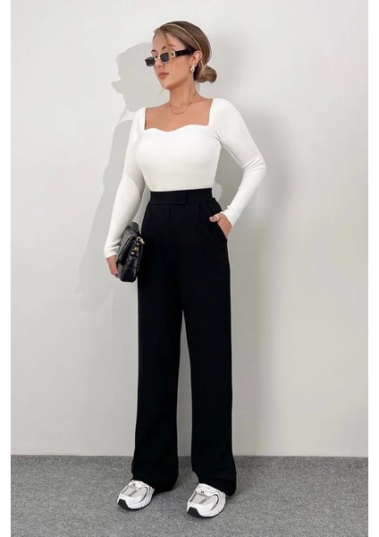 Kadın Likralı Cırt Kapama Siyah Palazzo Pantolon