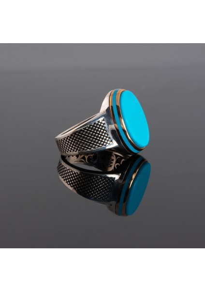 Turkuaz Taşlı Altın Renk Kaplama Bakır ve 925 Ayar Gümüş Erkek Yüzük – 12 gr