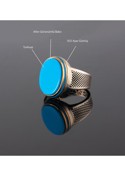 Turkuaz Taşlı Altın Renk Kaplama Bakır ve 925 Ayar Gümüş Erkek Yüzük – 12 gr modelleri
