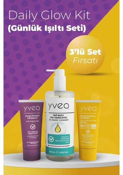 Daily Glow 3 Lü Set – Anti Aging Jel, Güneş Jeli, Temizleme Yağı