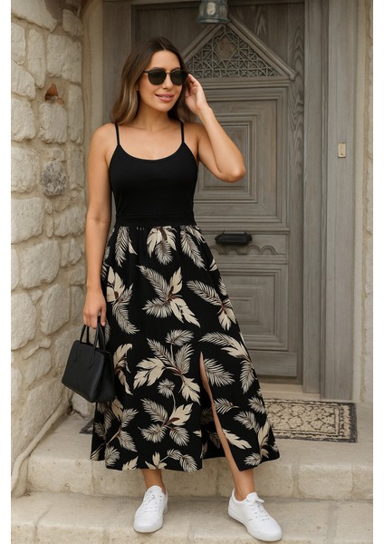 Kadın Ip Askılı Yuvarlak Yaka Belden Dantelli Desenli Yırtmaçlı Üst Viskon Alt Süprem Midi Elbise