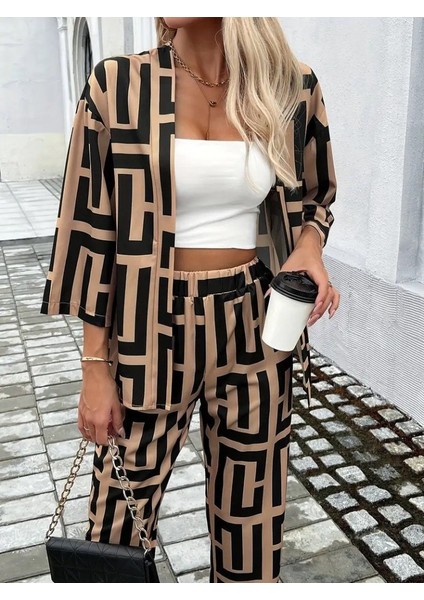 Kadın Uzun Kollu Önü Açık Desenli Iki Iplik Ceket ve Pantolon Ikili Takım modelleri