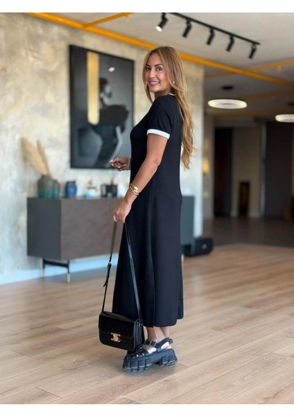 Kadın Kısa Kollu Yuvarlak Yaka Yandan Yırtmaçlı Midi Viskon Elbise indirimleri