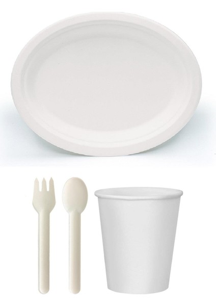 Ekolojik 72 Kişilik Parti Piknik Sofra Sunum Seti - 28X20 Cm. Oval Tabak Bardak Çatal Kaşık Takımı