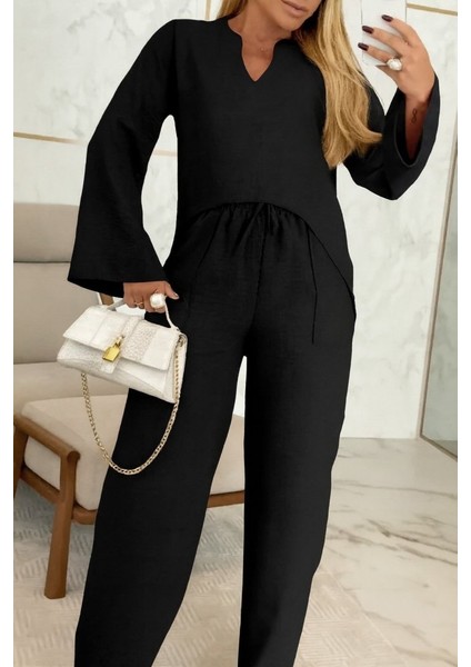 Kadın Uzun Kollu V Yakalı Keten Bluz Bağcıklı Pantolon Ikili Takım