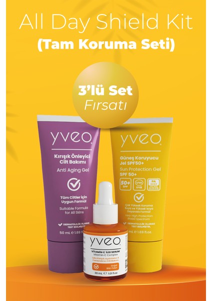 All Day Shield 3 Lü Set – Anti Aging Jel, Güneş Jeli, C Vitamini