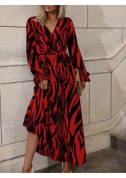 Kadın Uzun Kollu Kruvaze Yakalı Kuşaklı Zebra Desenli Süprem Maxi Elbise fiyatları