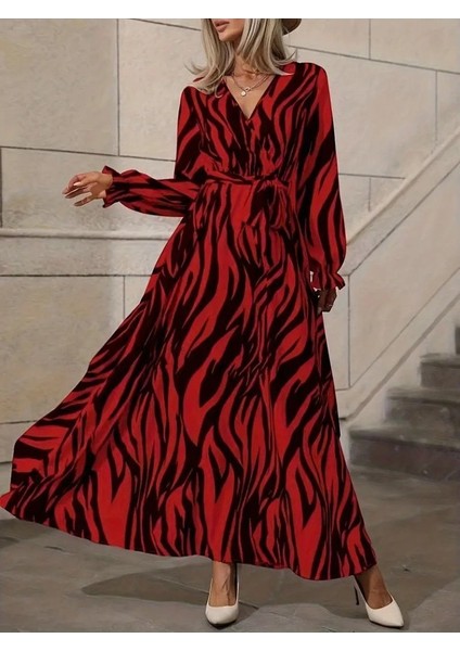 Kadın Uzun Kollu Kruvaze Yakalı Kuşaklı Zebra Desenli Süprem Maxi Elbise modelleri