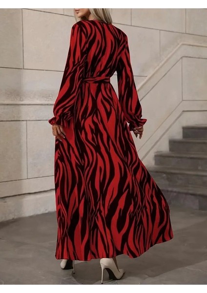 Kadın Uzun Kollu Kruvaze Yakalı Kuşaklı Zebra Desenli Süprem Maxi Elbise indirimleri