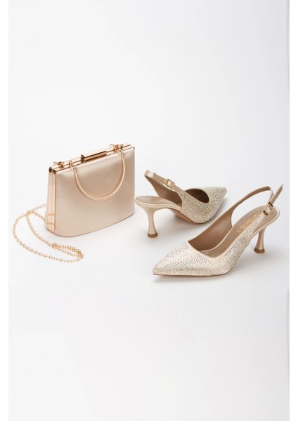 Kadın Taş Işlemeli Ince Topuklu Gece Ayakkabısı ve Çanta Takımı Altın fırsatları