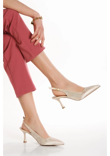 Kadın Taş Işlemeli Ince Topuklu Gece Ayakkabısı ve Çanta Takımı Altın indirimleri