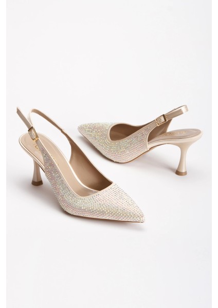 Kadın Taş Işlemeli Ince Topuklu Gece Ayakkabısı ve Çanta Takımı Altın