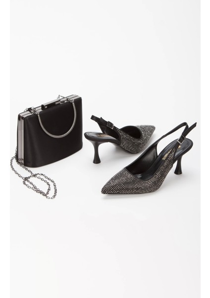 Kadın Taş Işlemeli Ince Topuklu Gece Ayakkabısı ve Çanta Takımı Siyah