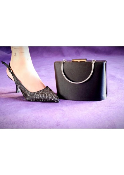 Kadın Taş Işlemeli Ince Topuklu Gece Ayakkabısı ve Çanta Takımı Siyah modelleri