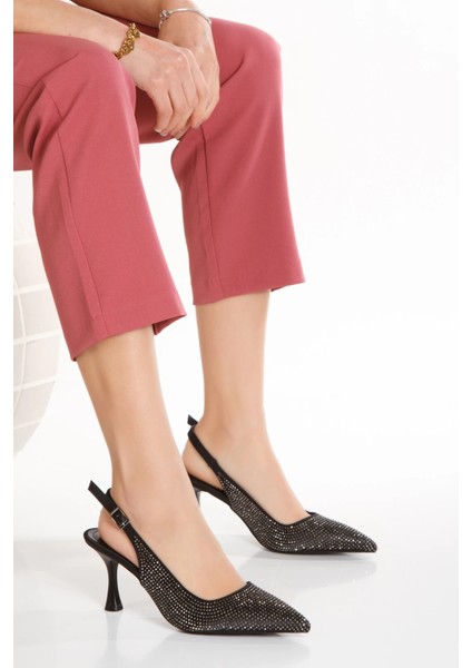 Kadın Taş Işlemeli Ince Topuklu Gece Ayakkabısı ve Çanta Takımı Siyah indirimleri