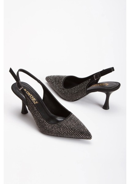 Kadın Taş Işlemeli Ince Topuklu Gece Ayakkabısı ve Çanta Takımı Siyah