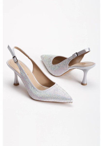 Kadın Taş Işlemeli Ince Topuklu Gece Ayakkabısı ve Çanta Takımı Gümüş fırsatları